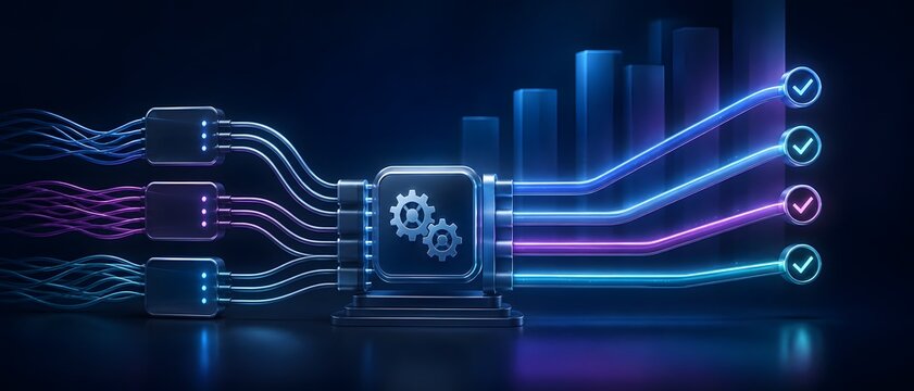 A dark metallic processor organizing tangled blue and pink glowing fiber optic cables into straight lines ending with checkmarks against a background of rising bar charts