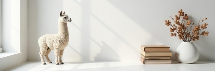 Fototapeta premium White minimalist room, vintage books, llama pot, copy space , white, bright, llama