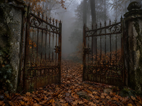 Old iron gates disappear into a foggy autumn landscape, creating a moody mysterious scene.