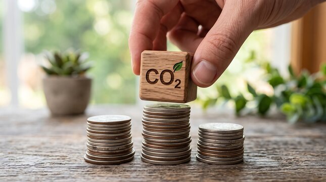 The rising cost of carbon emissions Hand placing CO2 block on increasing stacks of coins representing environmental investment