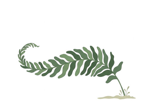 Eine elegante, stilisierte Illustration eines gr&uuml;nen Farnblattes mit eingerolltem Ende, isoliert auf einem sauberen wei&szlig;en Hintergrund f&uuml;r florale Designprojekte.