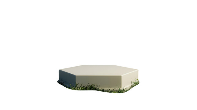 Ein minimalistisches, sechseckiges Podest mit Grasrand auf wei&szlig;em Hintergrund, ideal f&uuml;r die elegante Pr&auml;sentation von Produkten und Werbeartikeln in einer modernen Umgebung.