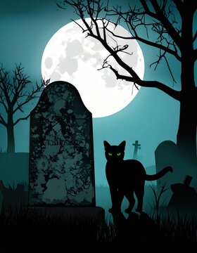 Black cat perched on a gravestone in a dark spooky cemetery under a large full moon with spooky night haunted graveyard misty night