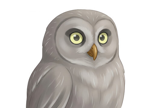 Eine detaillierte digitale Illustration einer grauen Eule mit gro&szlig;en, wachen gelben Augen, die isoliert vor einem rein wei&szlig;en Hintergrund dargestellt ist.