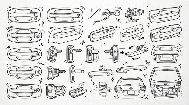 Automotive Door Handle Lock Cylinder Hand Drawn Line Art Doodle Pack Flush Pop Out Smart Pull Key Cylinder Tailgate Lift Mechanism Contour Retro Style Strictly Textless White Background