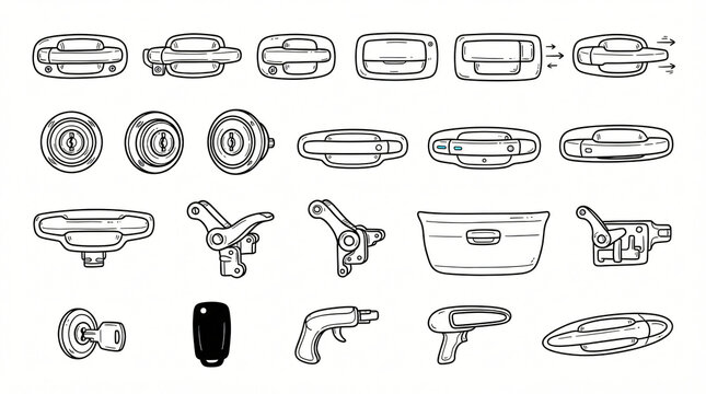 Automotive Door Handle Lock Cylinder Hand Drawn Line Art Doodle Pack Flush Pop Out Smart Pull Key Cylinder Tailgate Lift Mechanism Contour Retro Style Strictly Textless White Background