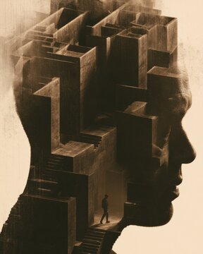 A head filled with maze walls shows a small figure trying to find a way out. This scene captures the feeling of being trapped in rules.