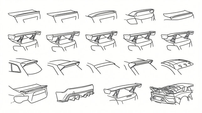 Car Rear Spoiler Trunk Wing Line Art Doodle Element Set Hand Drawn Trunk Lip Racing Wing Roof Hatchback Active Flap Contour Black White Flat Design Strictly Textless White Background Asset
