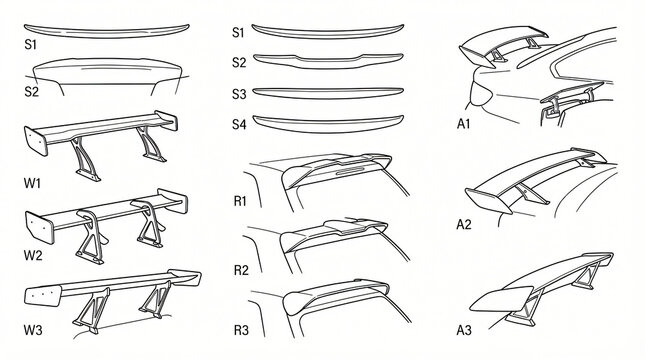 Car Rear Spoiler Trunk Wing Line Art Doodle Element Set Hand Drawn Trunk Lip Racing Wing Roof Hatchback Active Flap Contour Black White Flat Design Strictly Textless White Background Asset
