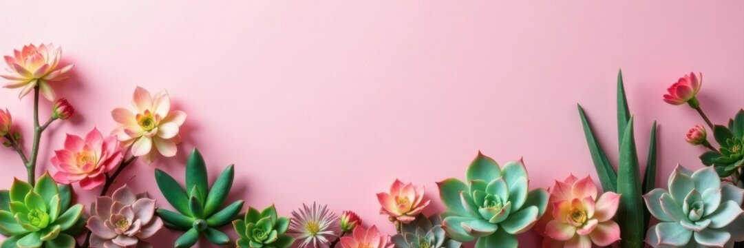 Soft pink backdrop featuring various succulents, creating a stylish header or banner , peaceful, ecommerce