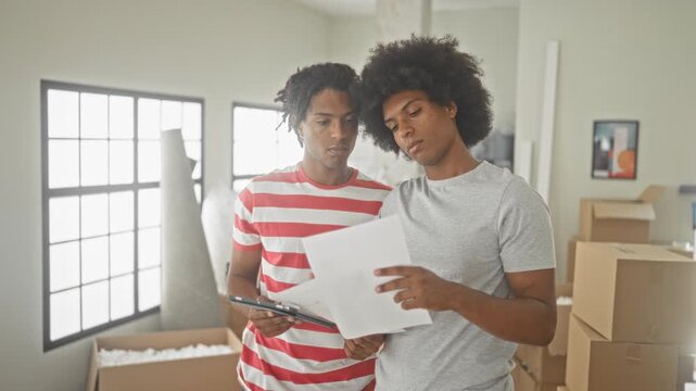 Two men hold tablet and paper while checking moving boxes and inventory in a building; focused teamwork planning.