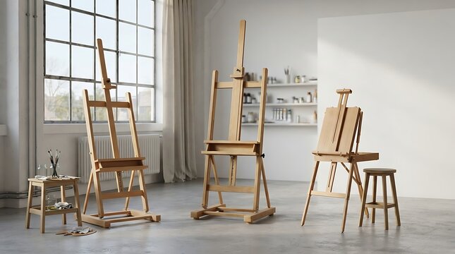 Wooden studio furniture with adjustable easle in a bright artist workshop for creative painting and drawing