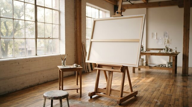 A wooden easle stands in a bright art studio with large windows and hardwood floors, ready for painting.
