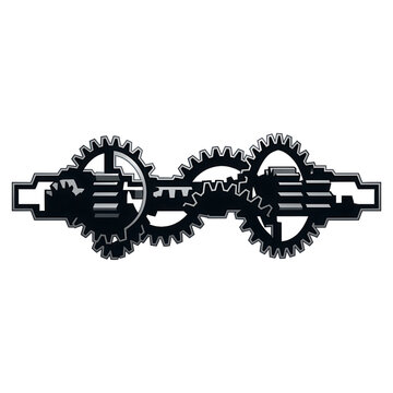 Abstrakte Illustration mit ineinandergreifenden Zahnr&auml;dern und mechanischen Komponenten in einem horizontalen, technischen Design auf wei&szlig;em Hintergrund f&uuml;r industrielle Konzepte.