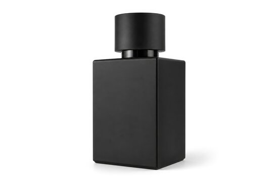 Elegant minimalist black square perfume bottle with sleek cylindrical cap, modern luxury fragrance packaging, matte finish, studio lighting, high-end beauty product design