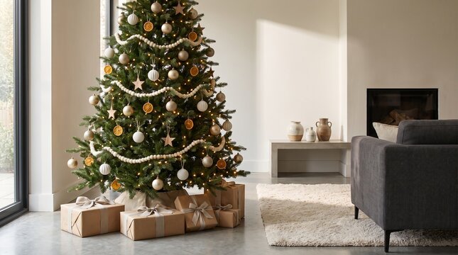 A beautifully decorated Christmas tree stands tall in a modern living room, adorned with festive ornaments and surrounded by wrapped presents, evoking warmth and holiday cheer.