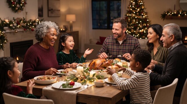 A multi-generational family gathers around a festive dining table, sharing a heartwarming holiday meal and creating cherished memories during a joyful Christmas celebration.