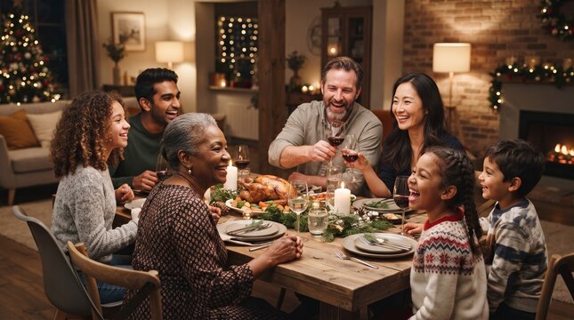 A multi-generational family gathers around a festively decorated dining table, sharing a holiday meal and laughter, with a roaring fireplace and twinkling Christmas tree in the background.