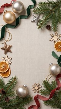 A festive Christmas arrangement features baubles, fir branches, dried orange slices, and ribbon, evoking holiday cheer and winter celebration.
