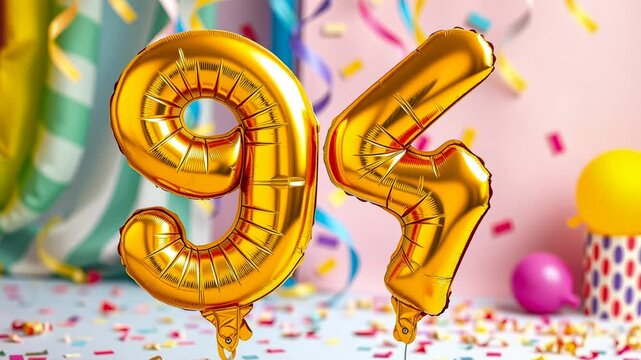Birthday balloon number ninety four, golden letter figure 94 celebration background AI Generative