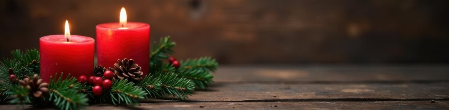 Three lit red Advent candles, fir branches, rustic wood background, serenity, still life, dark