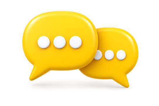 Yellow 3D conversation and chat message bubbles with ellipsis isolated on white
