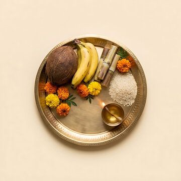 Handwoven bamboo soop for Chhath Puja with coconut and marigold flowers isolated on a clean terracotta background for traditional Indian festival designs