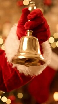 Santa Claus in red suit and gloves holding and ringing a brass golden bell with bokeh lights.
