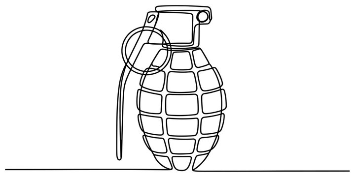 Minimal continuous line drawing of explosive hand grenade weapon with pull ring representing military defense and combat tactical equipment.