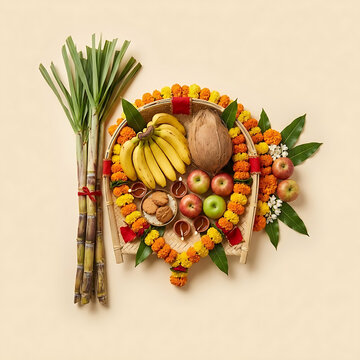 Chhath Puja traditional fruit offering arrangement with banana, coconut, sugarcane, apples, marigold flowers and bamboo soop on a clean festive background