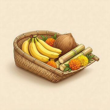 Handcrafted Chhath Puja bamboo soop filled with traditional fruits, coconut, sugarcane and marigold flowers isolated on a clean beige background