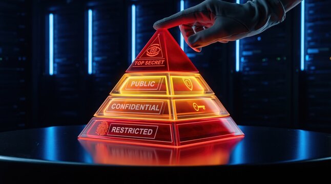 Security data classification pyramid hologram in a restricted technology server