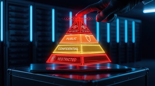 Security pyramid hologram showing digital data classification for cybersecurity