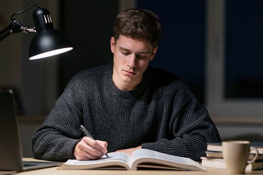 Student studying at night writing in a notebook by a desk lamp for university education