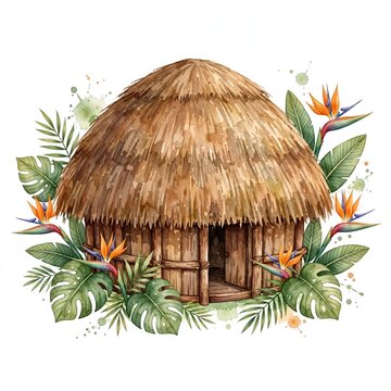 Watercolor Honai traditional house Papua Indonesia isolated
