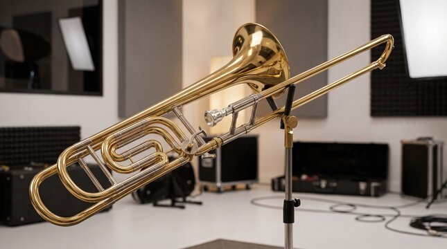 Trombone made of polished brass gleams under bright soft studio lights on a metallic stand.