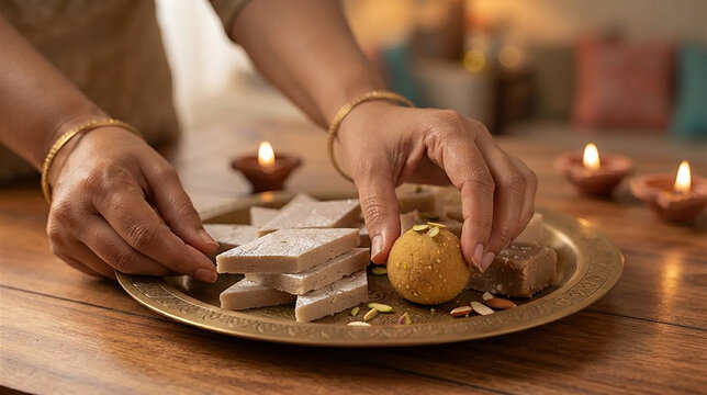 Person placing a yellow laddoo on a brass tray with Indian sweets