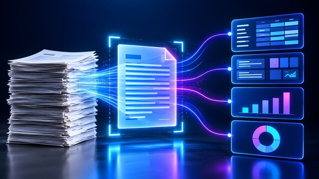 Automated document digitization process extracting data from physical paper stack into glowing electronic analytics dashboards