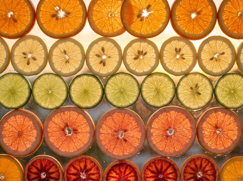 Backlit citrus slices display translucent textures and vibrant hues.