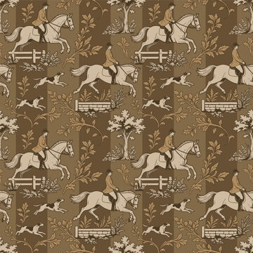 Seamless vintage equestrian Toile pattern with horse riders and hunting dogs. Classic monochrome wallpaper textile background. 