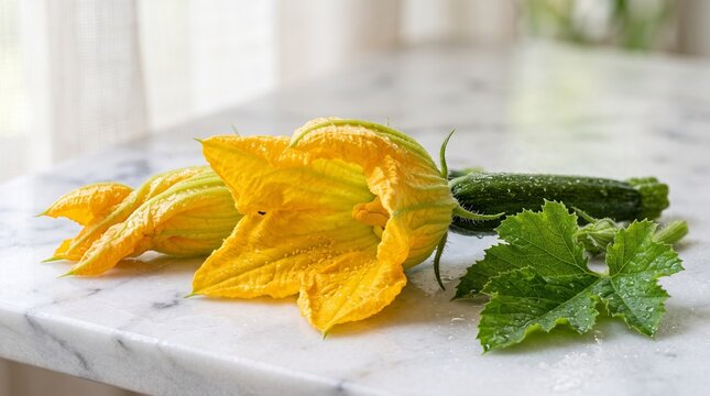 Fresh yellow zucchini flowers with small green squash on marble table.