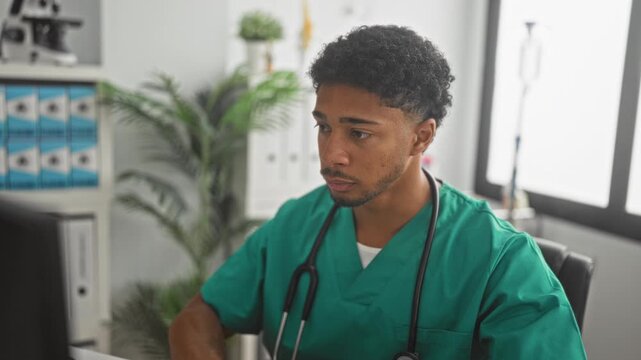 Man doctor typing on keyboard with stethoscope visible in medical building; care professionalism concentration.
