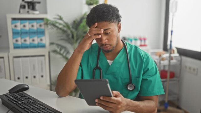 Man doctor holding tablet with hand to forehead at desk in medical building, stethoscope visible; fatigue.