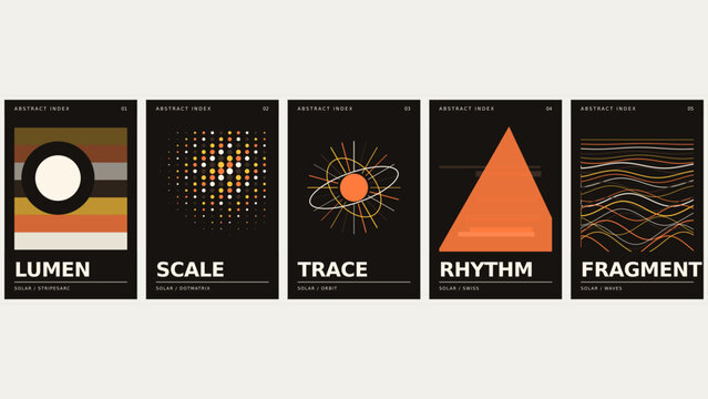 Abstract index posters titled lumen, scale, trace, rhythm, and fragment featuring circles, dots, lines, triangles, and wave patterns in orange