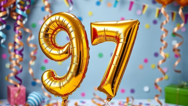 Birthday balloon number ninety seven, golden letter figure 97 celebration background AI Generative