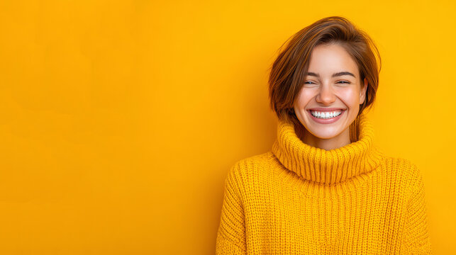 This close-up portrait shows a woman in a bright yellow turtleneck sweater, smiling with eyes closed, set against a solid vivid yellow plain background.

