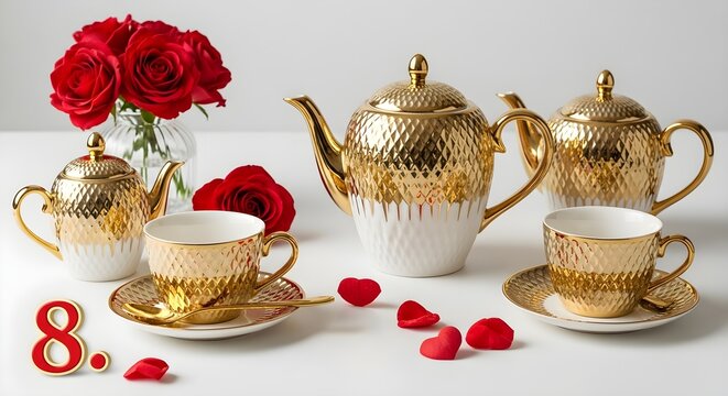Golden tea set with red roses.