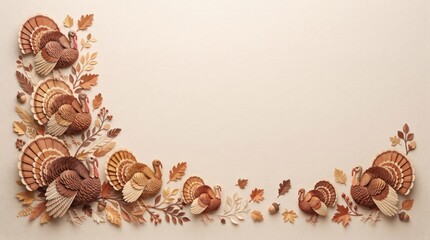 Obraz premium Decorative thanksgiving border featuring watercolor turkeys and autumn leaves on a clean light beige background for seasonal invitations