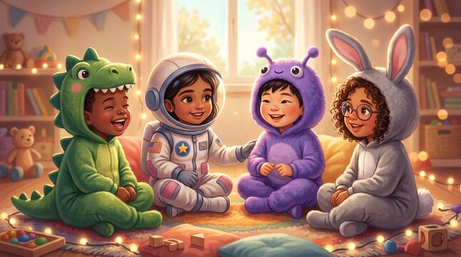 Four Children in Costumes Laughing Together During Holiday Celebration
