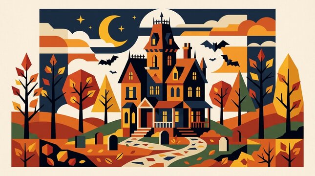 Haunted Mansion Illustration with Autumn Forest and Bats at Night